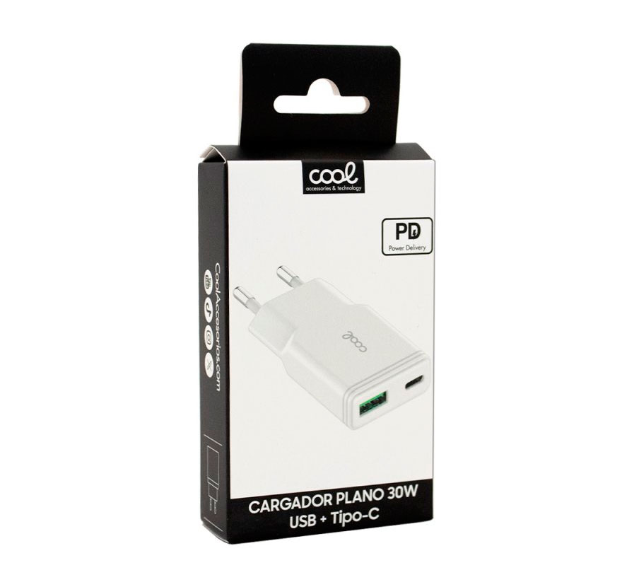 Cargador Red Universal Fast Charger (PD) Tipo-C / USB Dual COOL Plano (30W) Blanco - Imagen 2