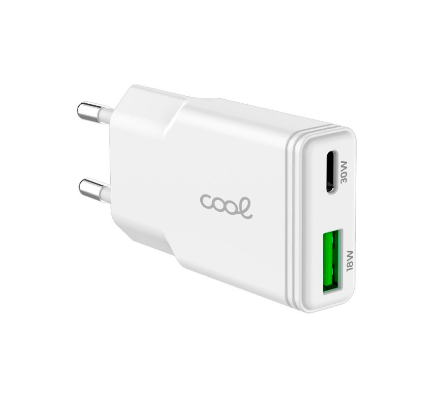 Cargador Red Universal Fast Charger (PD) Tipo-C / USB Dual COOL Plano (30W) Blanco